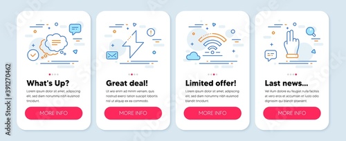 Set of Business icons, such as Wifi, Text message, Energy symbols. Mobile app mockup banners. Click hand line icons. Wireless internet, Chat bubble, Thunderbolt. Direction finger. Wifi icons. Vector