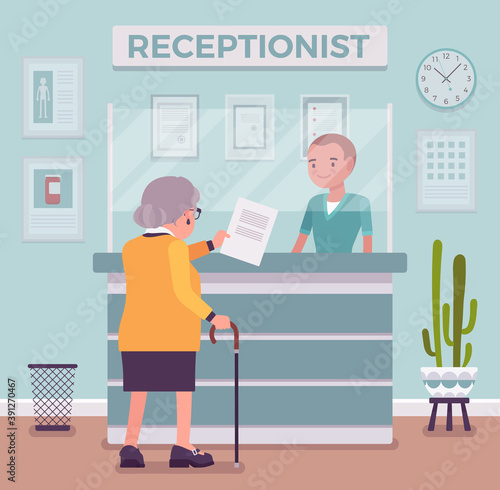 Hospital receptionist giving old woman information, checking in for appointment. Senior lady visiting medical clinic office, worker providing support to patient. Vector flat style cartoon illustration