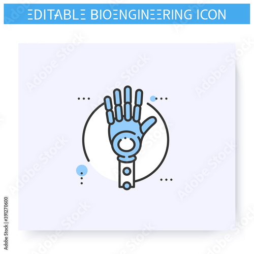 Robotic arm line icon. Mechanical artificial limb. Bionic arm prosthesis. Biomedical engineering, nanotechnology and medical science innovations concept. Isolated vector illustration. Editable stroke 
