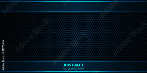 Dark blue and turquoise background. Dark hexagon carbon fiber texture. Navy blue honeycomb metal texture steel turquoise background. Web design template vector illustration EPS 10.
