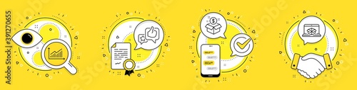 Graph, Post package and Like line icons set. Licence, cell phone and deal vector icons. Online delivery sign. Presentation diagram, Postbox, Star rating. Parcel tracking website. Business set. Vector