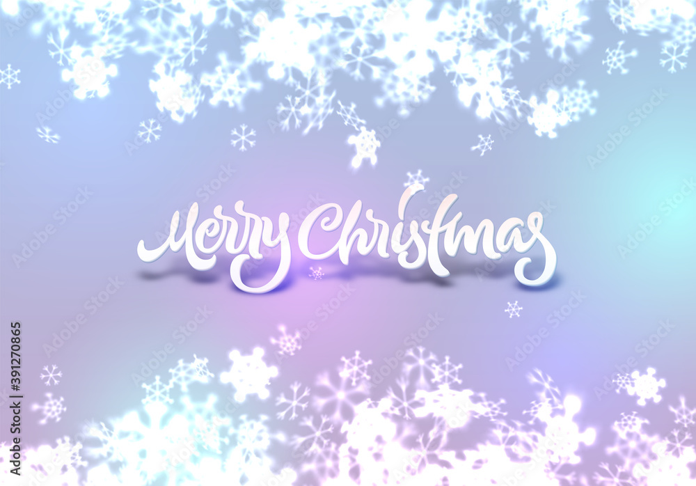 Christmas snowflakes background with falling snow and lettering or calligraphic greeting text Christmas snowflakes background with falling snow and lettering or calligraphic greeting text
