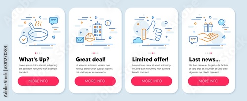 Set of Business icons, such as Like hand, Construction building, Frying pan symbols. Mobile screen banners. Loyalty program line icons. Thumbs up, Engineer helmet, Cooking utensil. Gift. Vector
