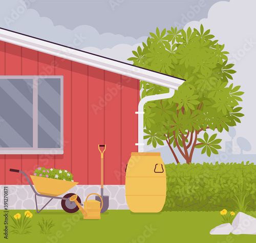 Rainwater rooftop harvesting downspout system, from the house into barrel. Runoff collection and storage of rain for reuse in household or garden in dry seasons. Vector flat style cartoon illustration