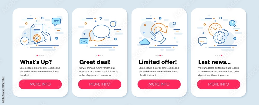 Set of Business icons, such as Messenger, Certificate, Rotation gesture symbols. Mobile screen app banners. Time management line icons. Speech bubble, Certified guarantee, Undo. Settings. Vector