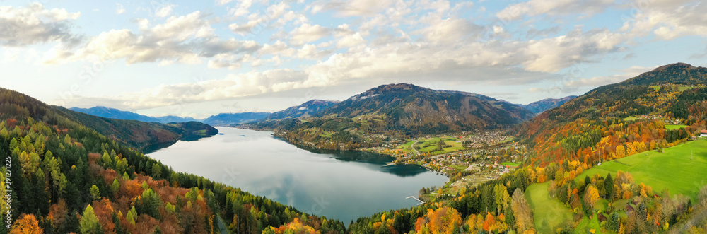 Lake Millstätter See and Döbriach in Carinthia during autumn.