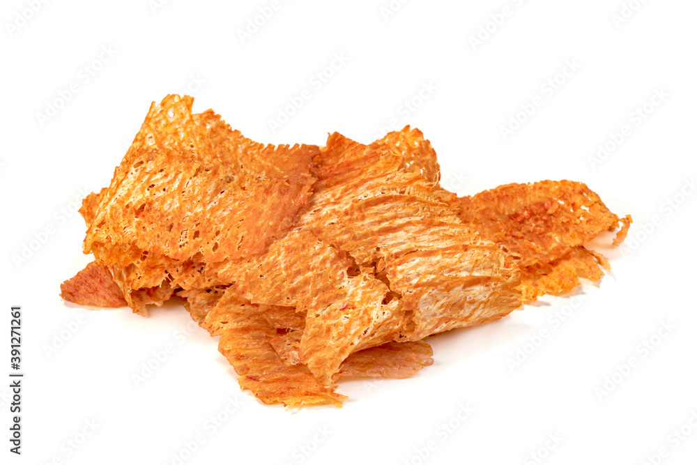sweet and spicy crushed dried squid isolated on white background sweet and spicy crushed dried squid isolated on white background