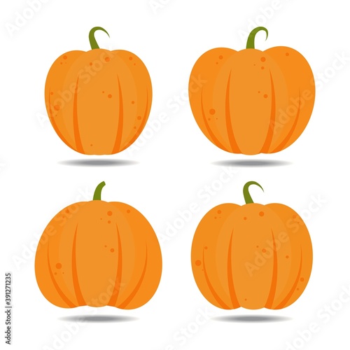 set of orange pumpkin with flat style design vector illustration, isolated on white background. Halloween autumn, pumpkin thanksgiving day, fresh and delicious vegetable graphics.