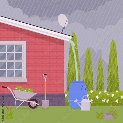 Rainwater rooftop harvesting system, collecting rain run-off in barrel. Runoff collection and storage of rainfall for reuse in household, garden in dry seasons. Vector flat style cartoon illustration