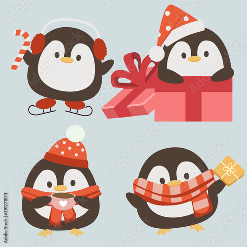 The character of cute hedgehog wear a accessory in christmas theme. The cute hedgehog wear glasses and winter hat and scarf and sweater and holding a tea cup and giftbox on white background and snow.