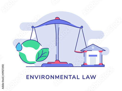 Environmental law concept equality scale earth water leaf court white isolated background with flat outline style