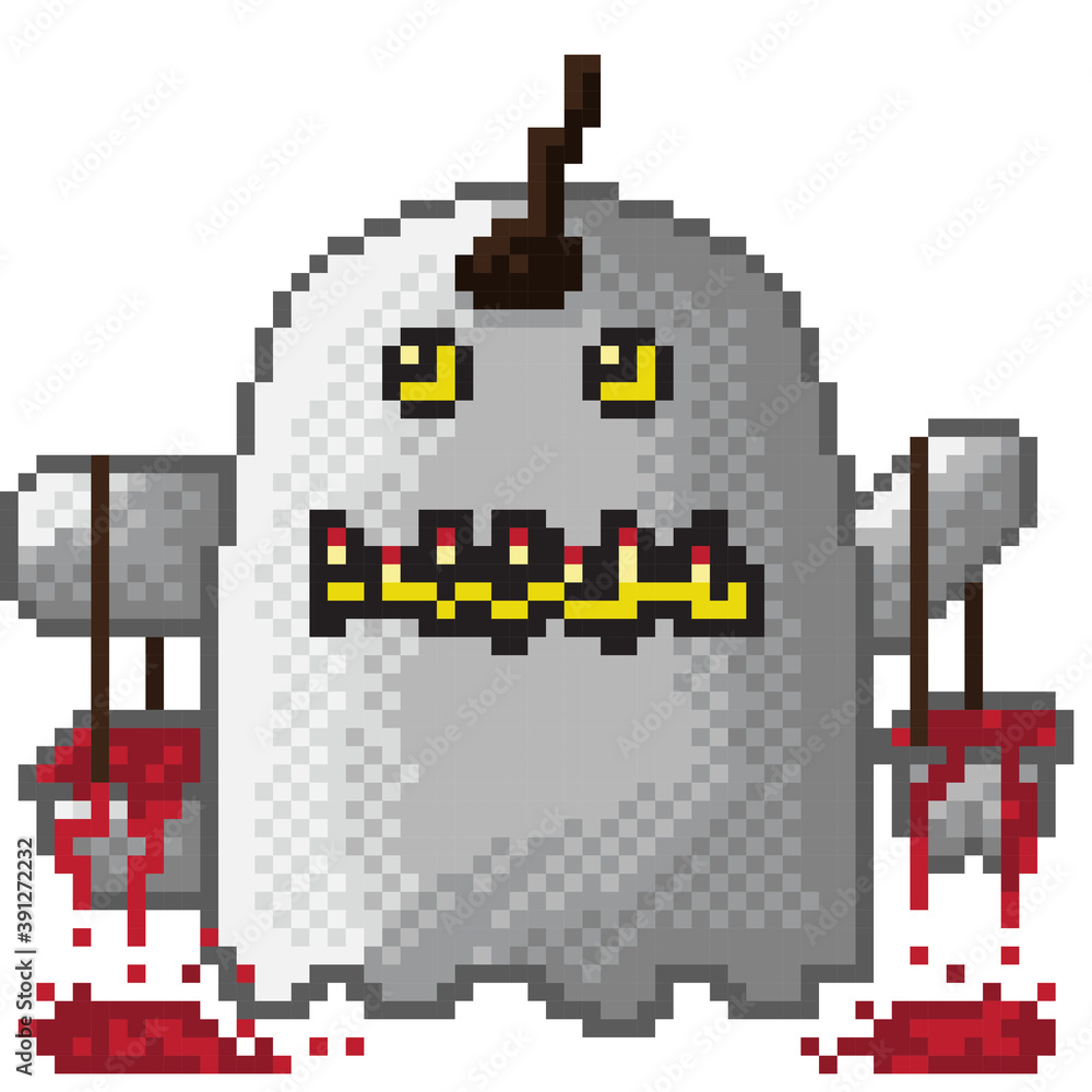 Pumpkin ghost holding blood tank pixel art. Vector picture. Pumpkin ghost holding blood tank pixel art. Vector picture.