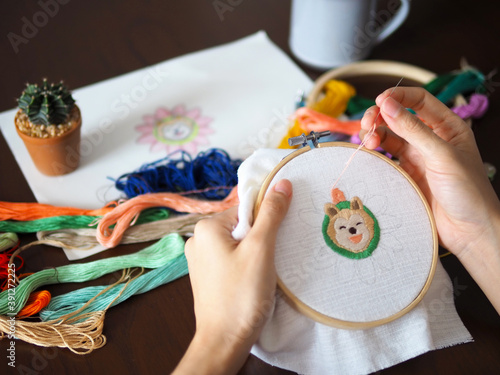 hand craft embroidery art woman hobby shiba dog flower pattern handmade selected focus