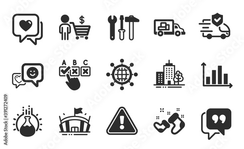 Heart, Spanner tool and Quote bubble icons simple set. Diagram graph, Smile and Truck transport signs. Transport insurance, Correct checkbox and Arena symbols. Flat icons set. Vector