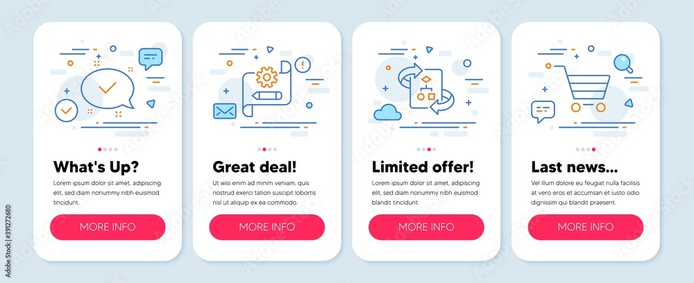 Set of Technology icons, such as Approved, Cogwheel blueprint, Technical algorithm symbols. Mobile screen mockup banners. Market sale line icons. Chat message, Edit settings, Project doc. Vector Set of Technology icons, such as Approved, Cogwheel blueprint, Technical algorithm symbols. Mobile screen mockup banners. Market sale line icons. Chat message, Edit settings, Project doc. Vector