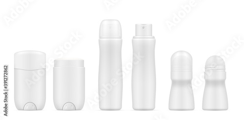 Antiperspirant bottles different design realistic blank templates set. Deodorant roll-on, pump mockups.