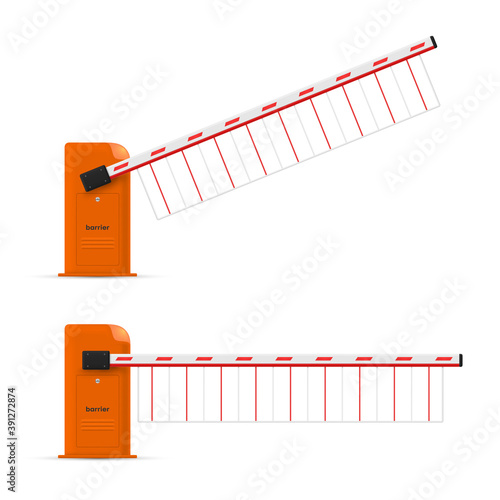 Barrier boom gate realistic templates set. Electronic car parking boundary. Traffic obstacles.