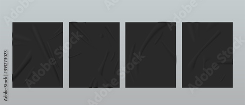 Glued black paper realistic vertical templates set. Empty creative posters with adhesive traces.