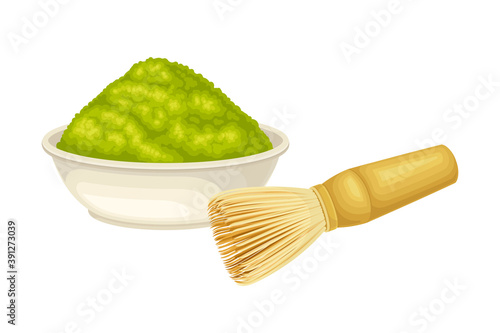 Matcha Powder in Bowl with Wooden Whisk Vector Illustration