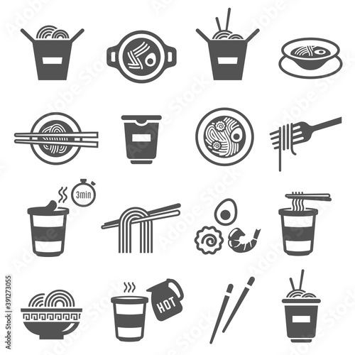 Instant noodles, utensils for eating, cooking bold black silhouette and line icons set isolated on white.