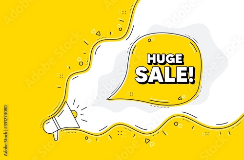 Huge Sale. Loudspeaker alert message. Special offer price sign. Advertising Discounts symbol. Yellow background with megaphone. Announce promotion offer. Huge sale bubble. Vector
