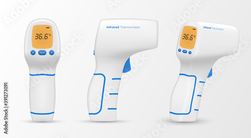 Infrared, laser or non-contact thermometer realistic set. Device measuring body temperature.