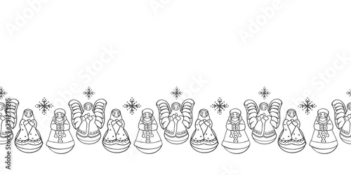 Vector cute matrjoschka christmas border. Seamless geometric xmas pattern with stylized russian doll and christmas decoration on white background. Doodle, line art style. Perfect for fabric, packaging