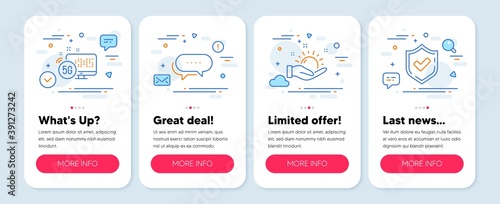 Set of Business icons, such as Dots message, Sunny weather, 5g internet symbols. Mobile app mockup banners. Confirmed line icons. Chat bubble, Hold sun, Wifi connection. Accepted message. Vector