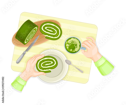 Human Hands Eating Green Sweet Roulade as Matcha Dessert Vector Illustration