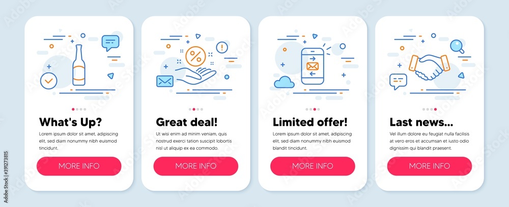 Set of Business icons, such as Beer, Loan percent, Mail symbols. Mobile screen app banners. Employees handshake line icons. Bar drink, Discount hand, Smartphone communication. Deal hand. Vector