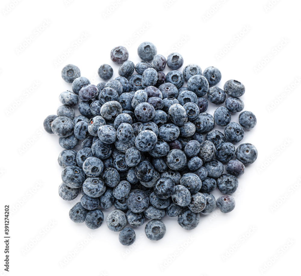 Heap of tasty frozen blueberries on white background, top view Heap of tasty frozen blueberries on white background, top view
