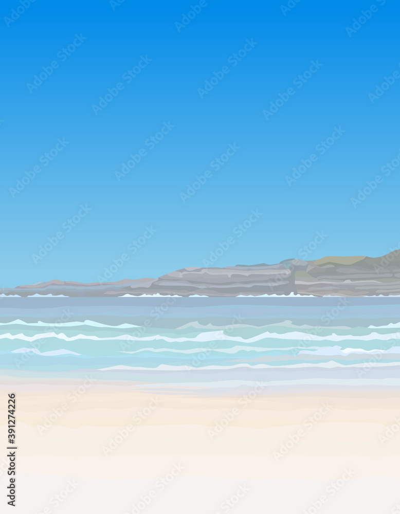 View from the sandy seashore to the rocky island on a clear day View from the sandy seashore to the rocky island on a clear day