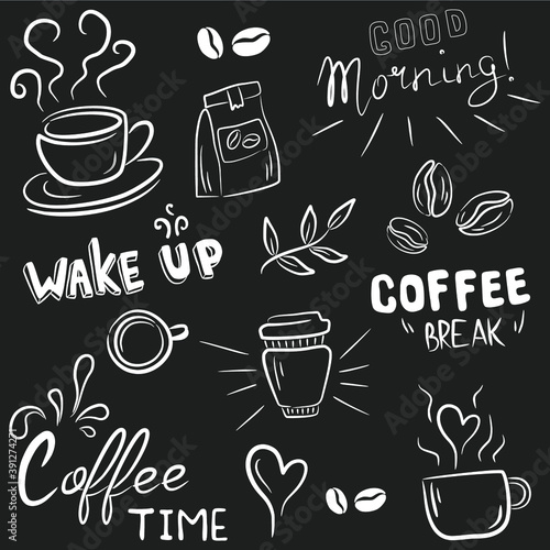 Coffee drink and text hand drawn collection. Set graphic sketch elements for design on black background. Vintage vector illustration. © yura batiushyn
