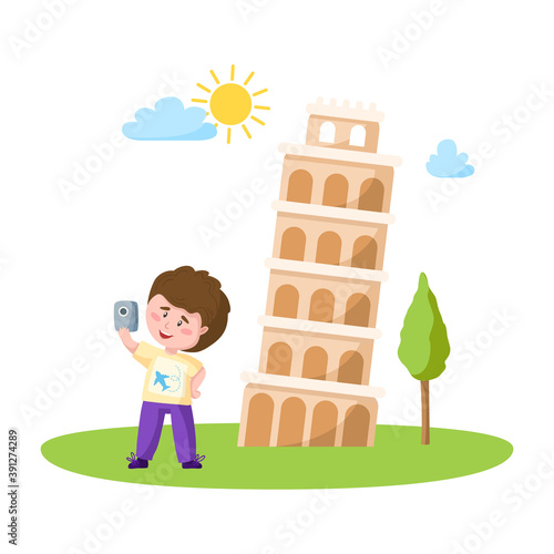 Travel cartoon boy take selfie with leaning tower of pisa, italian landmark or world place composition and cute kids character, isolated on white background vector illustration
