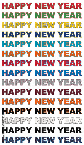Happy New Year multicolor text. Texture, letters with stroke on a white background.