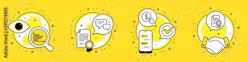Employees messenger, Horizontal chart and Buy currency line icons set. Licence, cell phone and deal vector icons. Smile sign. Speech bubble, Presentation graph, Money exchange. Certificate. Vector