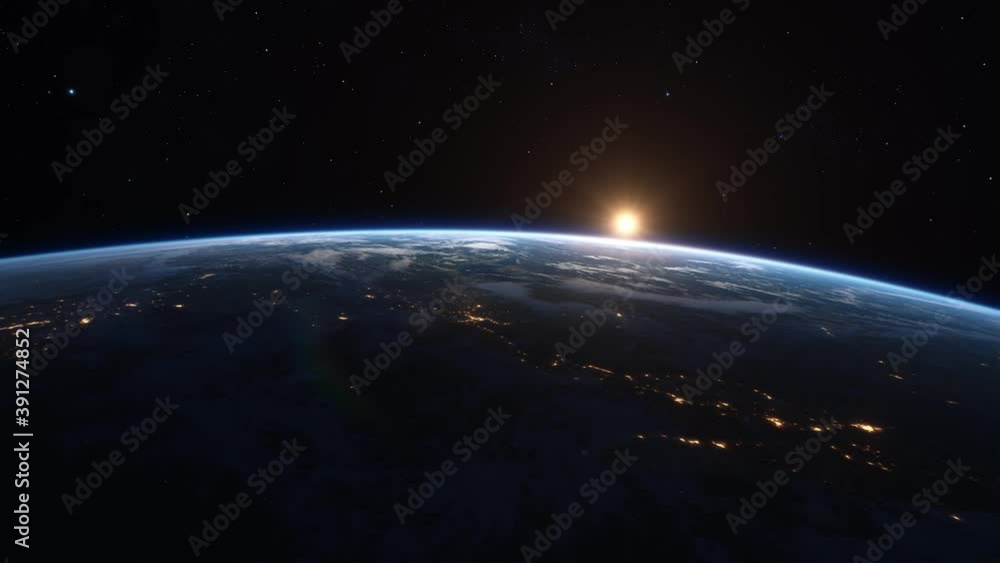 Beautiful sunrise skyline. Planet earth in space. Some elements are from NASA