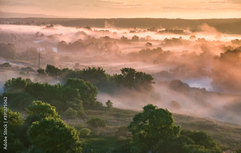 Aerial view Sunrise of meadow with forest in sunlight and mist Aerial view Sunrise of meadow with forest in sunlight and mist