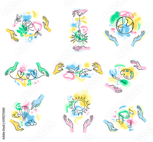 Hands with Colorful Shapes and Contour Objects Vector Set