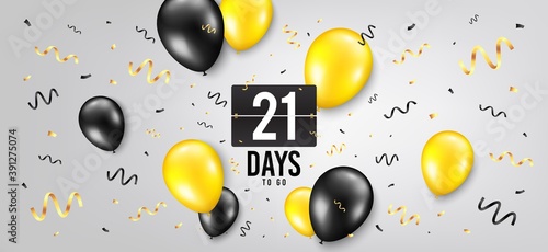 Twenty one days left icon. Countdown scoreboard timer. Balloon confetti background. 21 days to go sign. Days to go birthday balloon. Celebrate countdown banner. Counter background. Vector