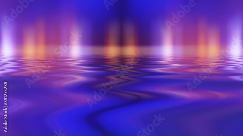 Abstract dark futuristic background. Ultraviolet multicolored beams of neon light reflect off the water. Background of empty stage show  beach party. 3d illustration