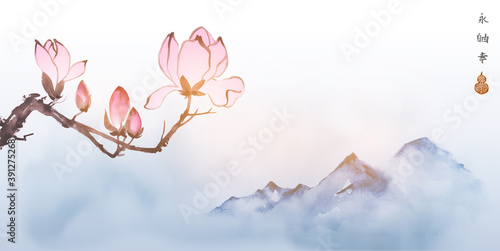 Pink magnolia flowers and distant blue mountains. Traditional oriental ink painting sumi-e, u-sin, go-hua. Translation of hieroglyphs - peace, tranquility, clarity.