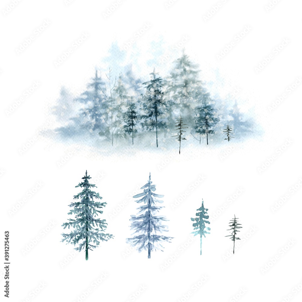 Fototapeta premium set of christmas trees and watercolor christmas illustration winter forest, hand painted nature winter holidays on white background close up