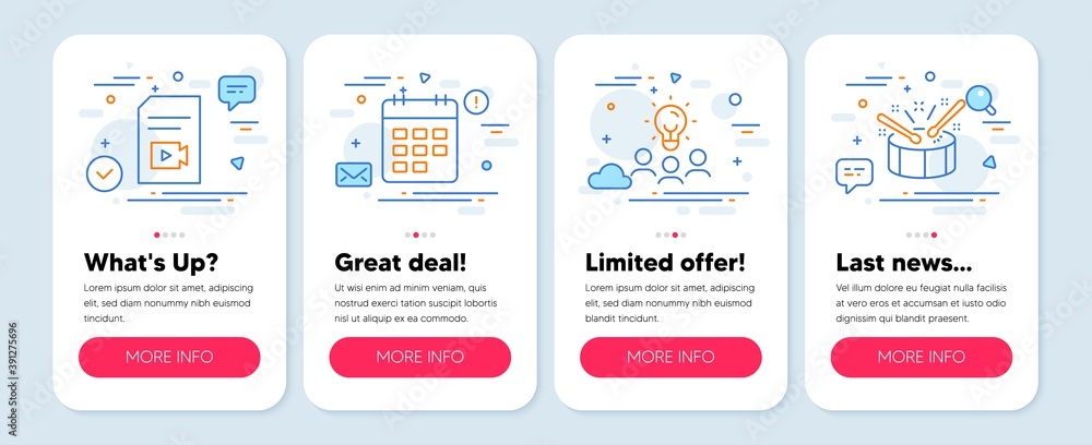 Obraz premium Set of Education icons, such as Calendar, Video file, Business idea symbols. Mobile screen mockup banners. Drums line icons. Event reminder, Vlog page, Meeting people. Drumsticks. Vector