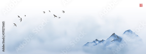 Canvas Print Minimalist landscape with distant blue mountains in fog and flock of birds in the sky