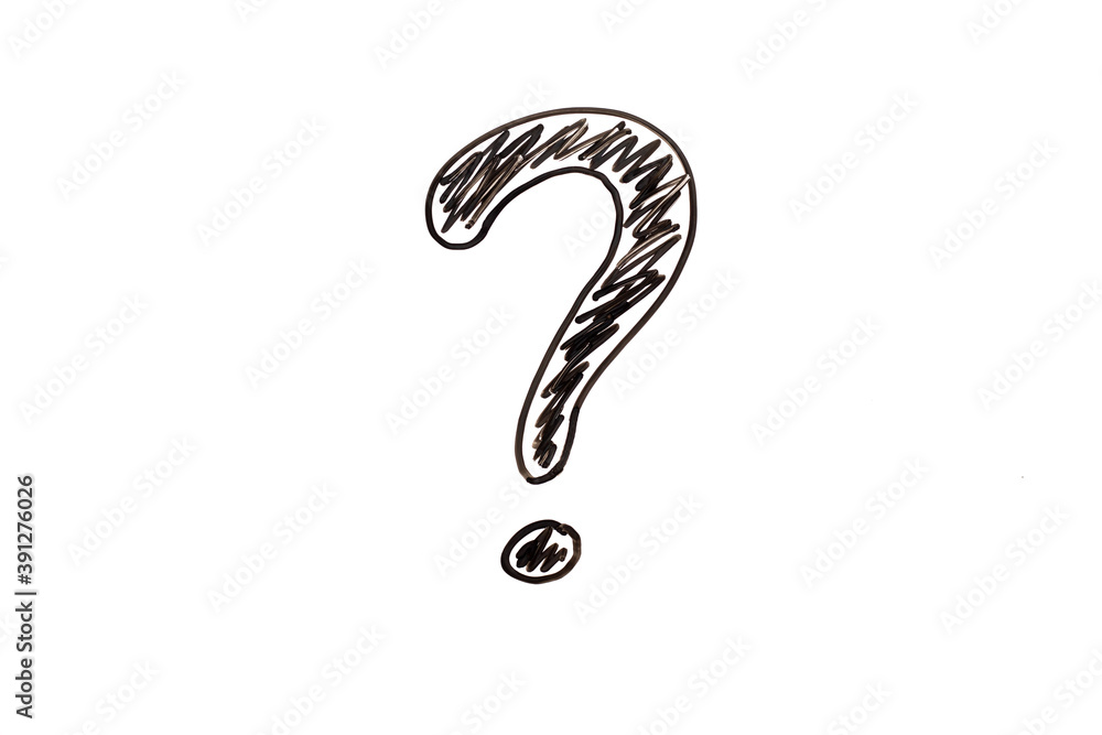 Black color hand drawing in question mark shape on white board background Black color hand drawing in question mark shape on white board background