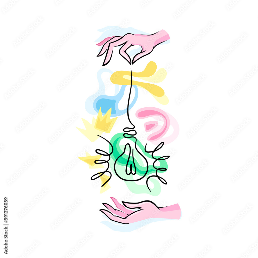 Obraz premium Hands Holding String with Contour Light Bulb Vector Illustration