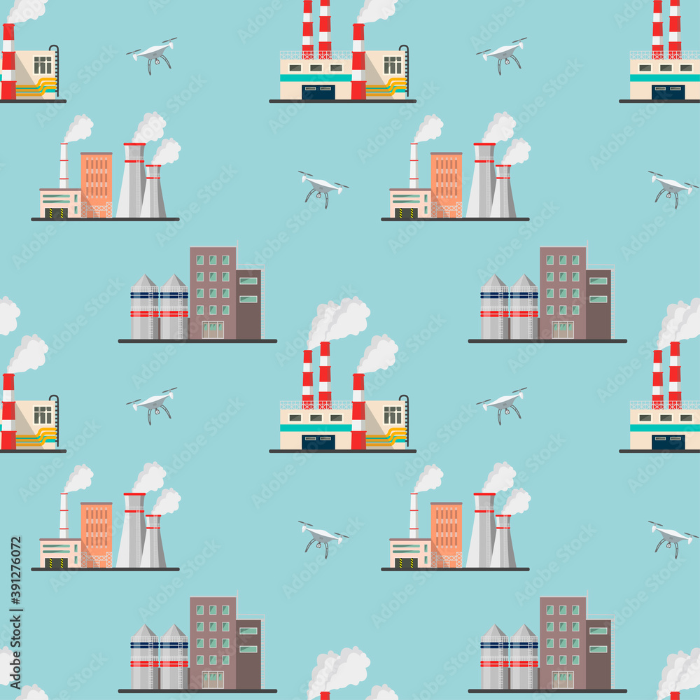 Fototapeta premium Vector seamless pattern of drones inspecting industrial power plants. Smart technologies