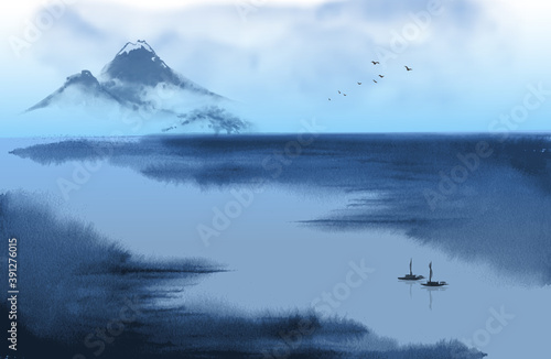 Minimalist  blue ink wash painting landscape with fishing boats on big river and distang blue mountains. Traditional Japanese ink wash painting sumi-e