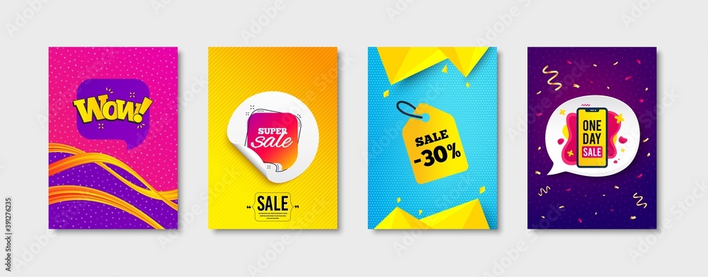 Sale 30%, Wow bubble and Super sale promo label set. Sticker template layout. One day sign. Price label, Special offer, Discount bubble. Promotional tag set. Speech bubble banner. Vector